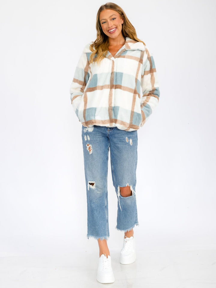 WOMEN'S LONG SLEEVE BUTTON CLOSURE FRONT POCKETS COLORBLOCK SHERPA JACKET