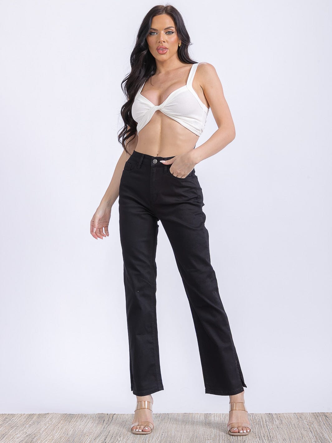 WOMEN'S BUTTON CLOSURE POCKETS WIDE LEG DENIM PANTS