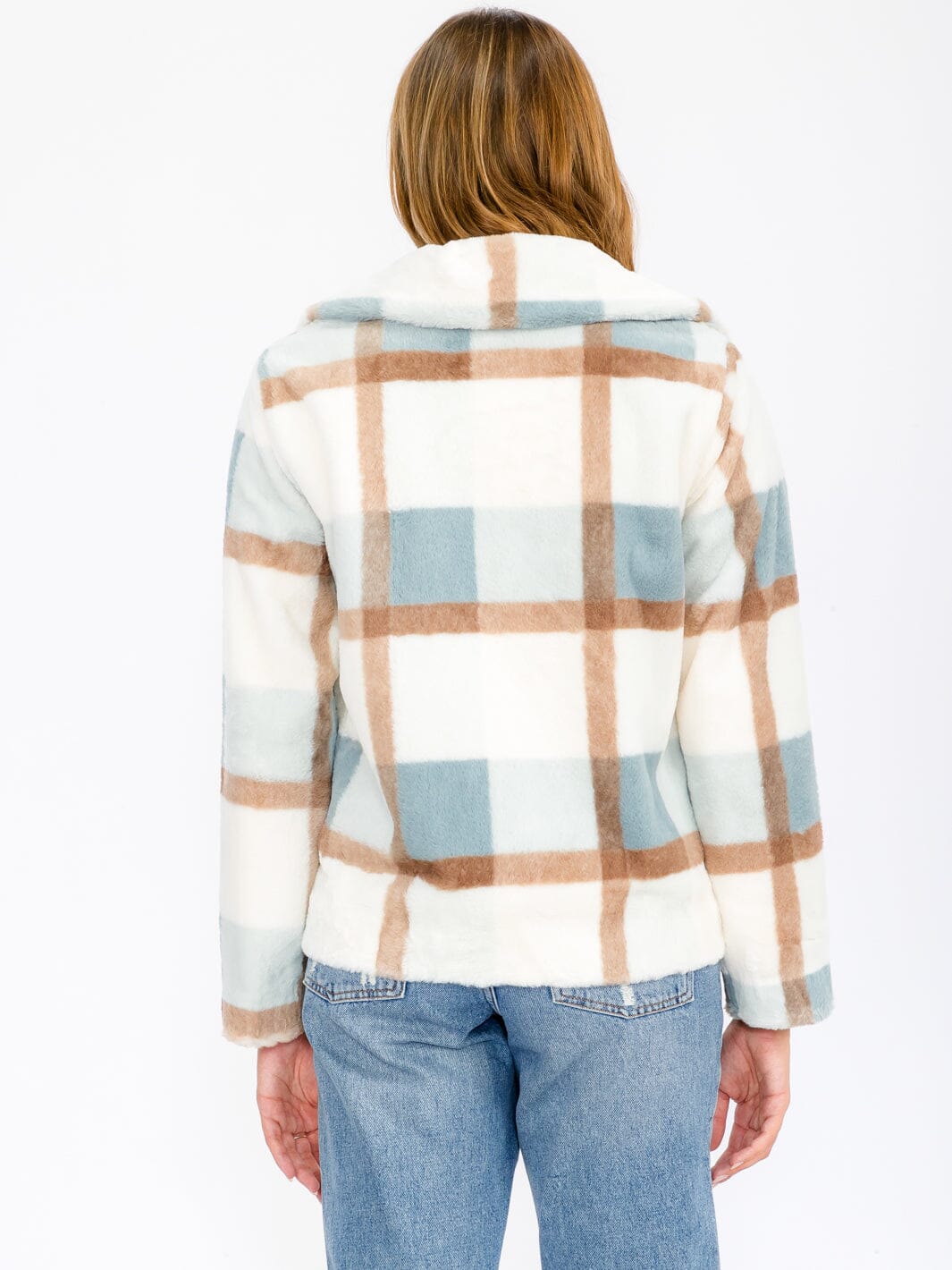 WOMEN'S LONG SLEEVE BUTTON CLOSURE FRONT POCKETS COLORBLOCK SHERPA JACKET