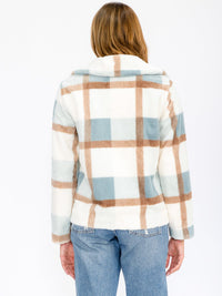 WOMEN'S LONG SLEEVE BUTTON CLOSURE FRONT POCKETS COLORBLOCK SHERPA JACKET