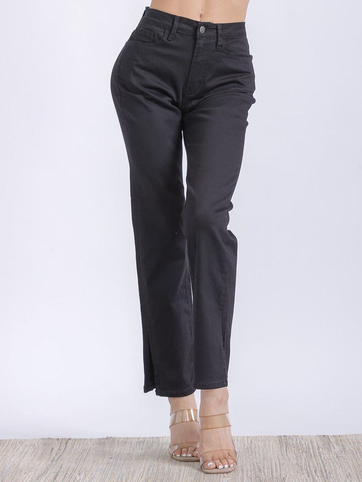 WOMEN'S BUTTON CLOSURE POCKETS WIDE LEG DENIM PANTS