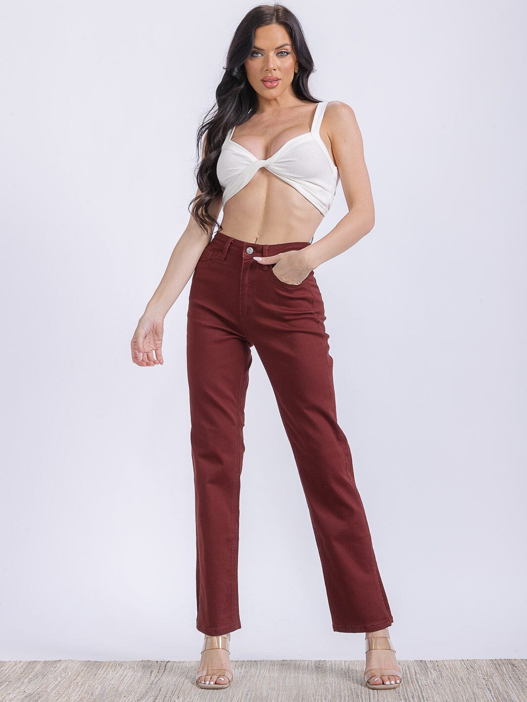WOMEN'S BUTTON CLOSURE POCKETS WIDE LEG DENIM PANTS