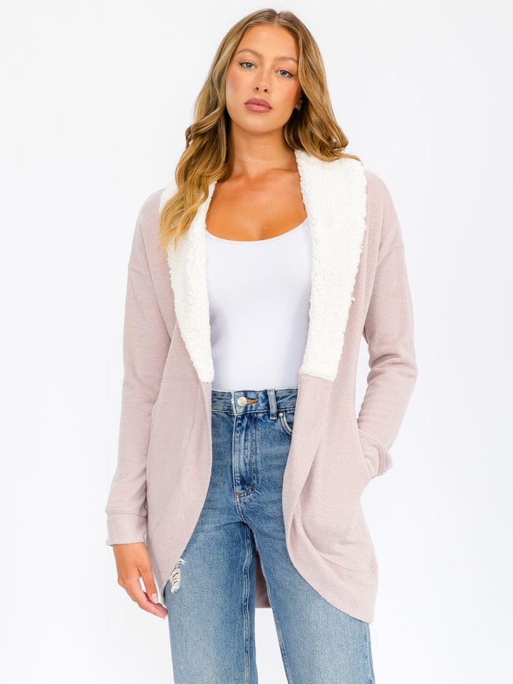 WOMEN'S LONG SLEEVE OPEN FRONT POCKETS SHERPA COLLAR CARDIGAN