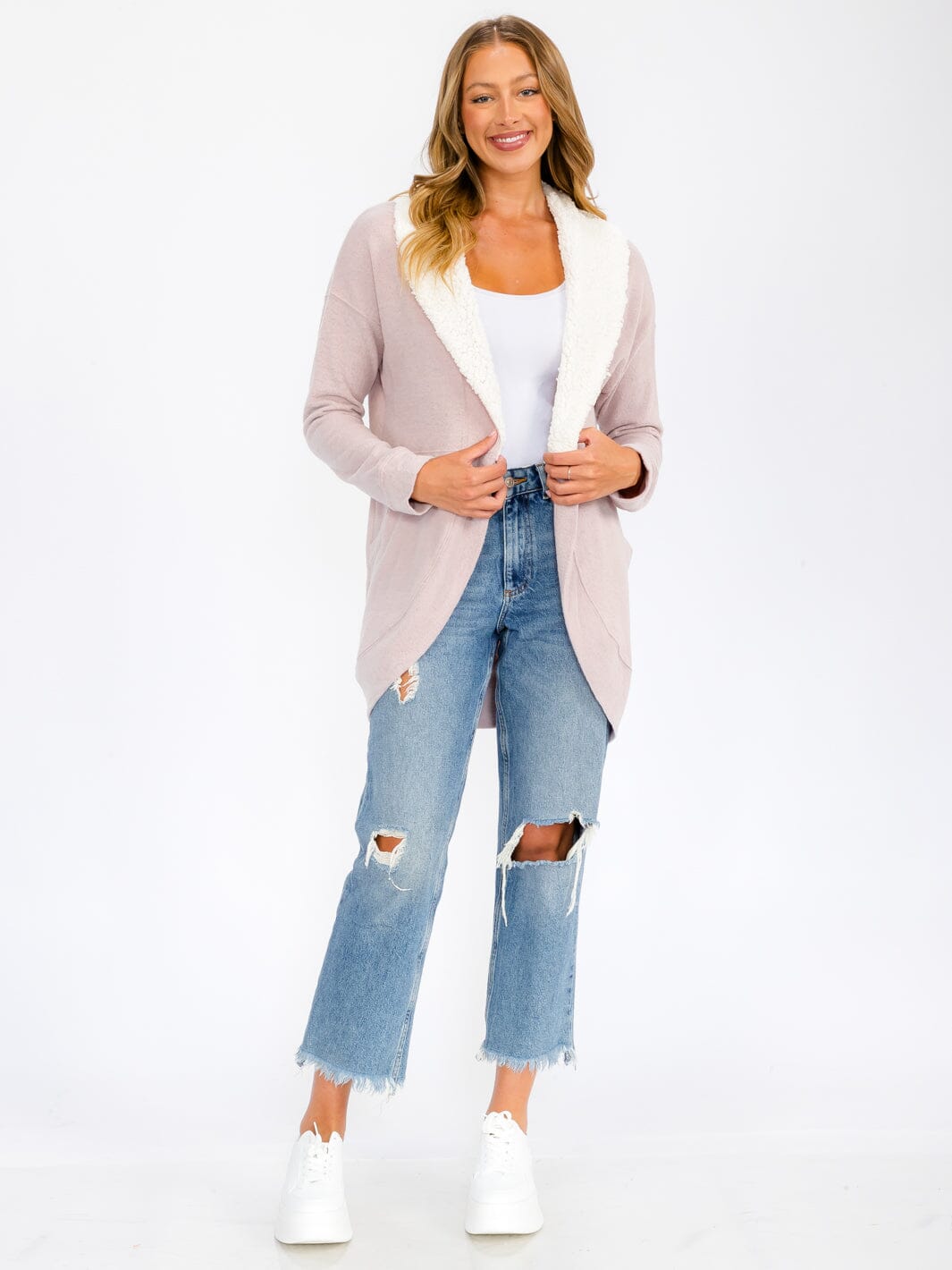 WOMEN'S LONG SLEEVE OPEN FRONT POCKETS SHERPA COLLAR CARDIGAN
