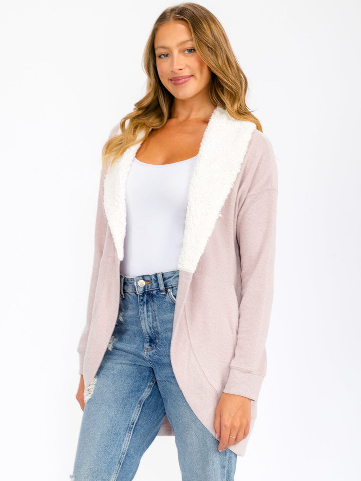 WOMEN'S LONG SLEEVE OPEN FRONT POCKETS SHERPA COLLAR CARDIGAN
