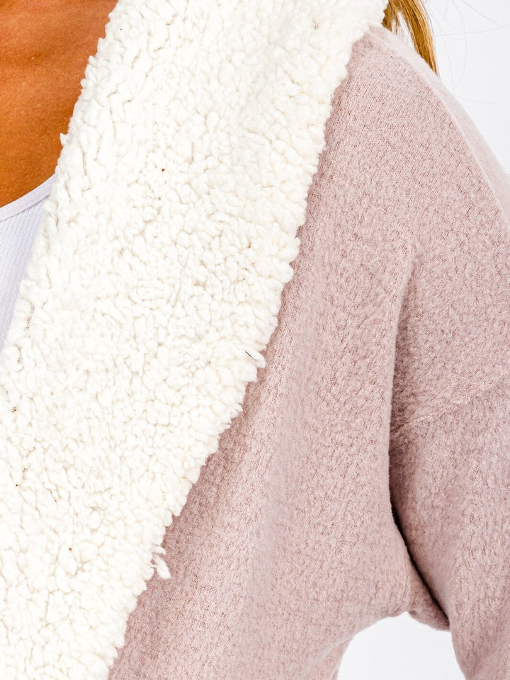 WOMEN'S LONG SLEEVE OPEN FRONT POCKETS SHERPA COLLAR CARDIGAN