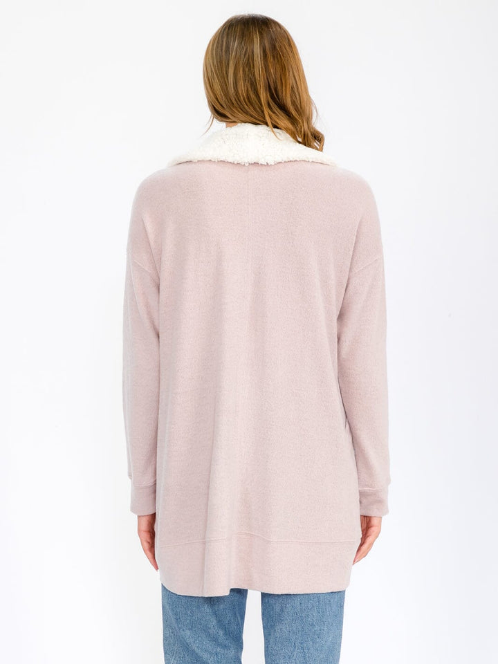 WOMEN'S LONG SLEEVE OPEN FRONT POCKETS SHERPA COLLAR CARDIGAN