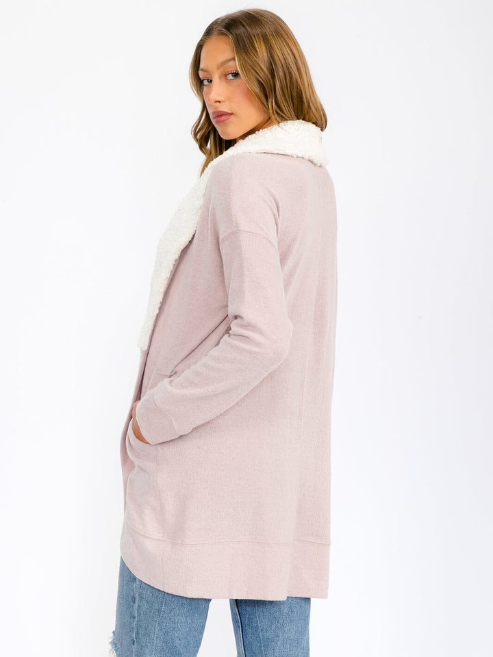 WOMEN'S LONG SLEEVE OPEN FRONT POCKETS SHERPA COLLAR CARDIGAN