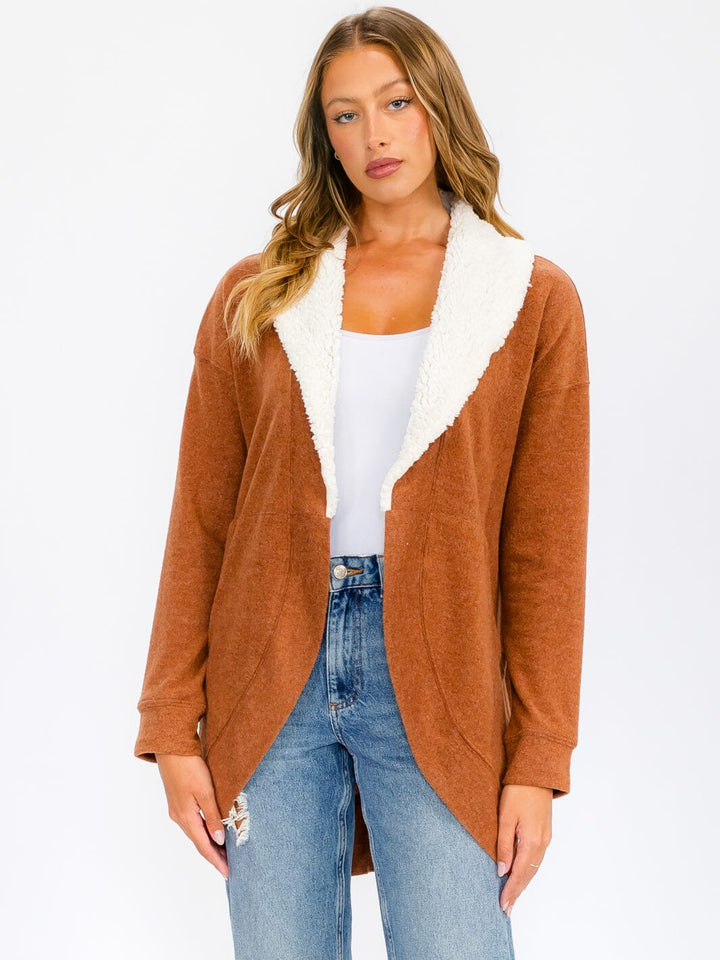 WOMEN'S LONG SLEEVE OPEN FRONT POCKETS SHERPA COLLAR CARDIGAN