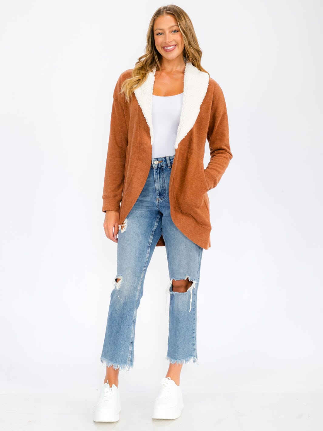 WOMEN'S LONG SLEEVE OPEN FRONT POCKETS SHERPA COLLAR CARDIGAN