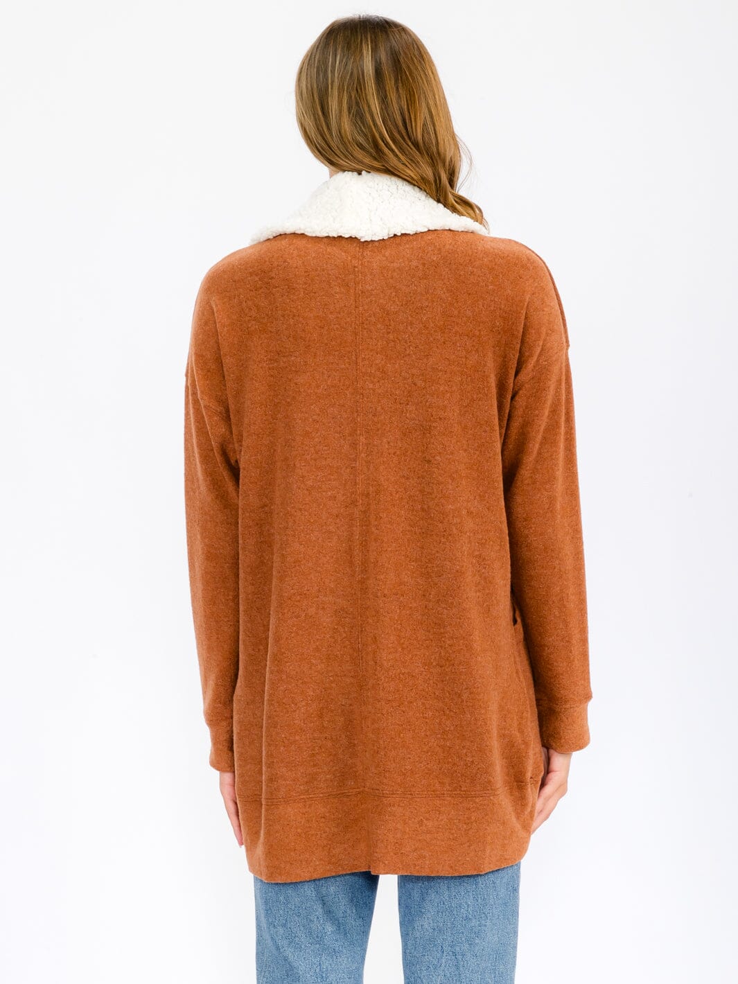 WOMEN'S LONG SLEEVE OPEN FRONT POCKETS SHERPA COLLAR CARDIGAN