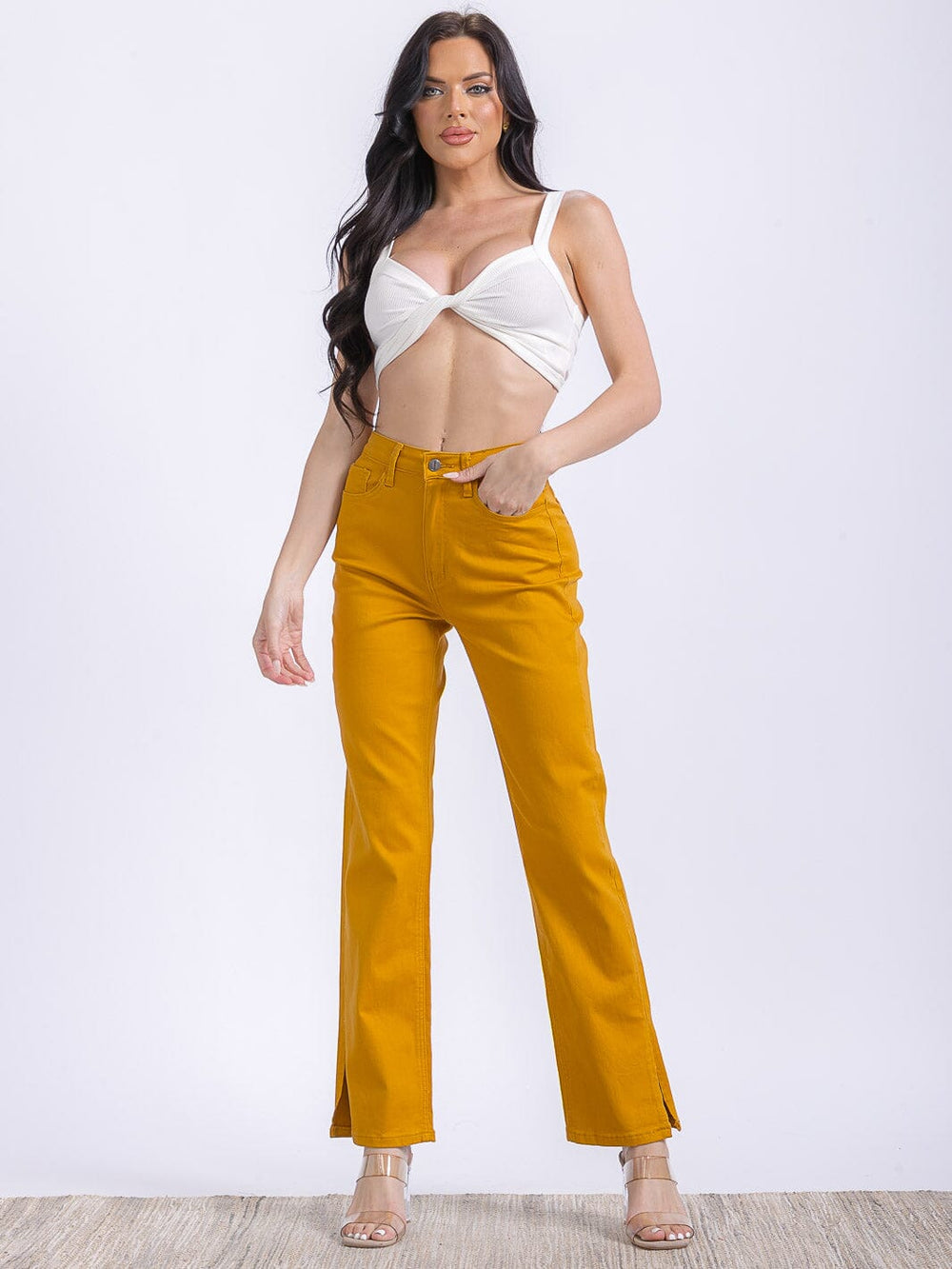 WOMEN'S BUTTON CLOSURE POCKETS WIDE LEG DENIM PANTS