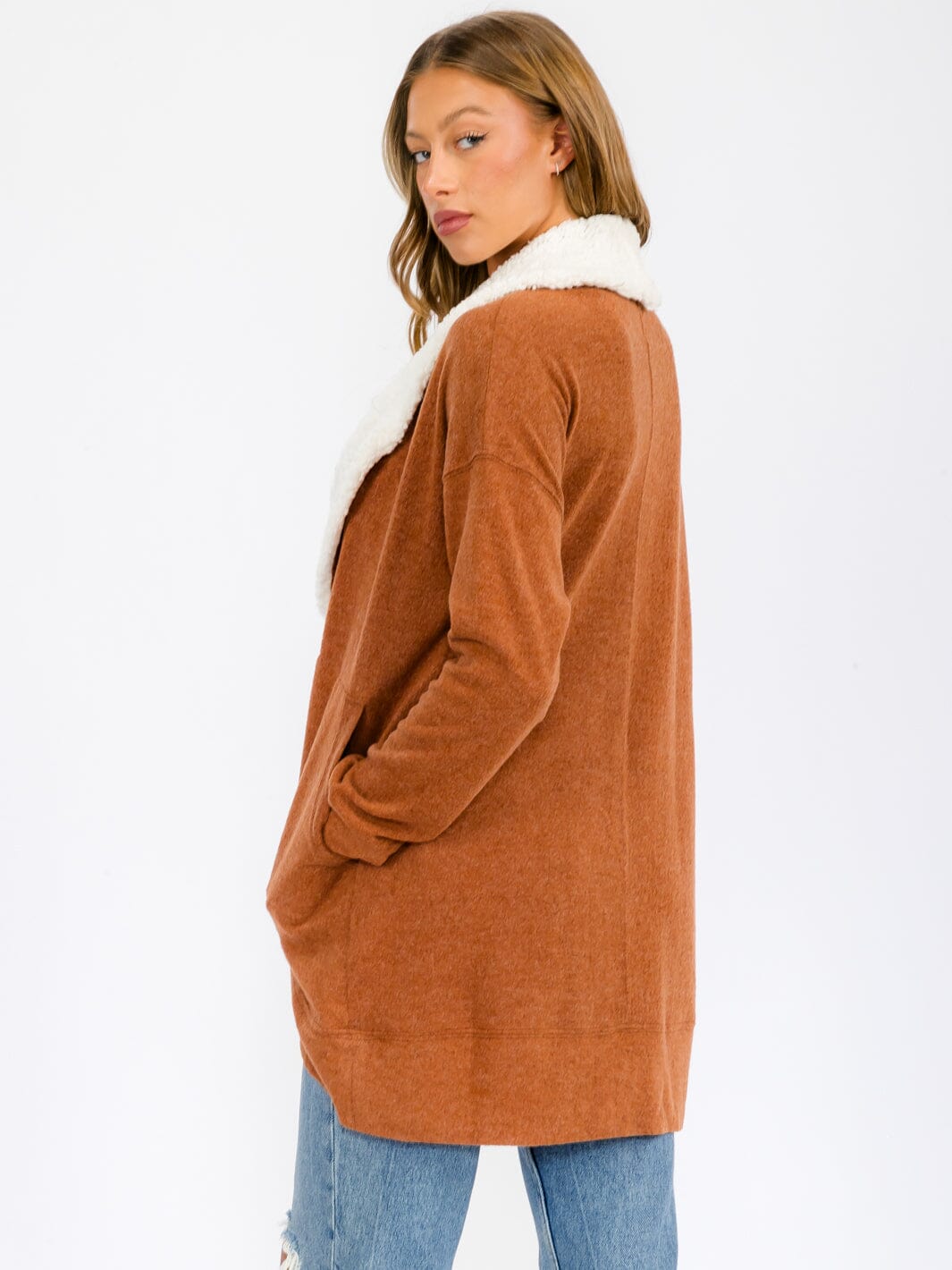 WOMEN'S LONG SLEEVE OPEN FRONT POCKETS SHERPA COLLAR CARDIGAN