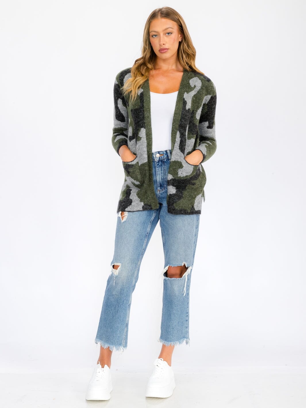 WOMEN'S LONG SLEEVE OPEN FRONT POCKETS CAMO PRINT CARDIGAN