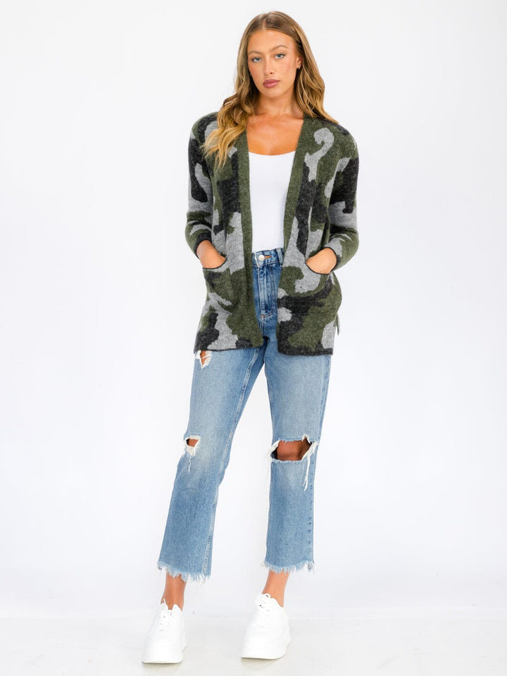WOMEN'S LONG SLEEVE OPEN FRONT POCKETS CAMO PRINT CARDIGAN