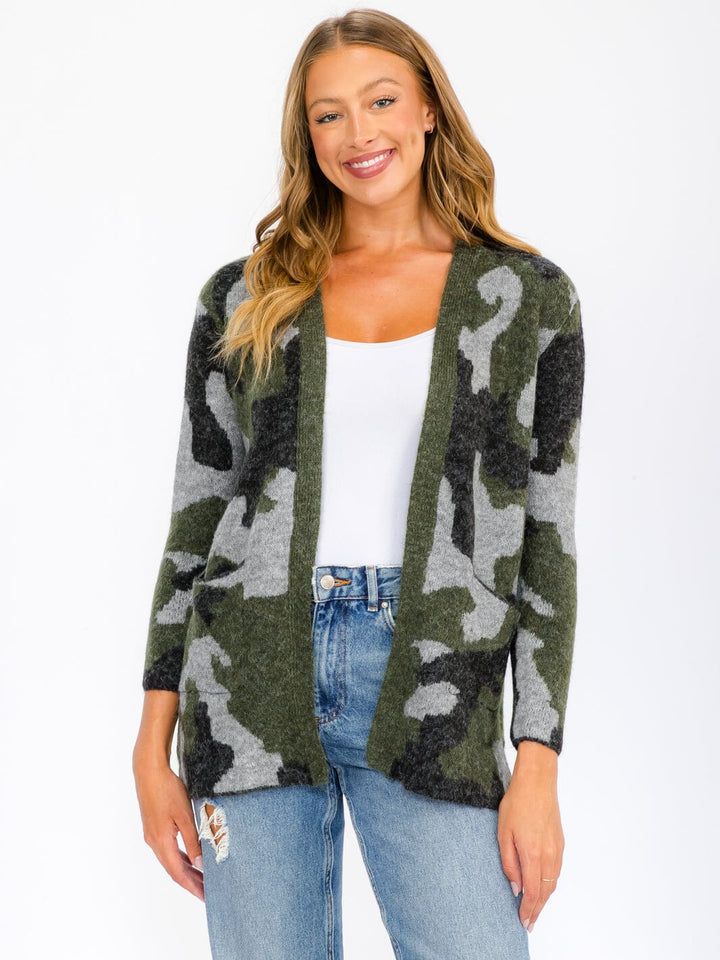 WOMEN'S LONG SLEEVE OPEN FRONT POCKETS CAMO PRINT CARDIGAN