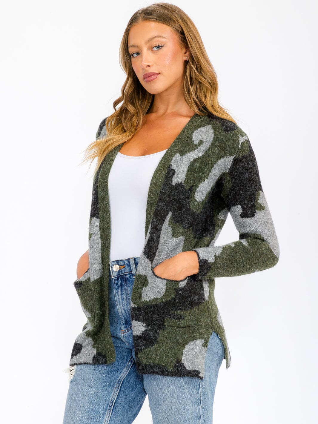 WOMEN'S LONG SLEEVE OPEN FRONT POCKETS CAMO PRINT CARDIGAN