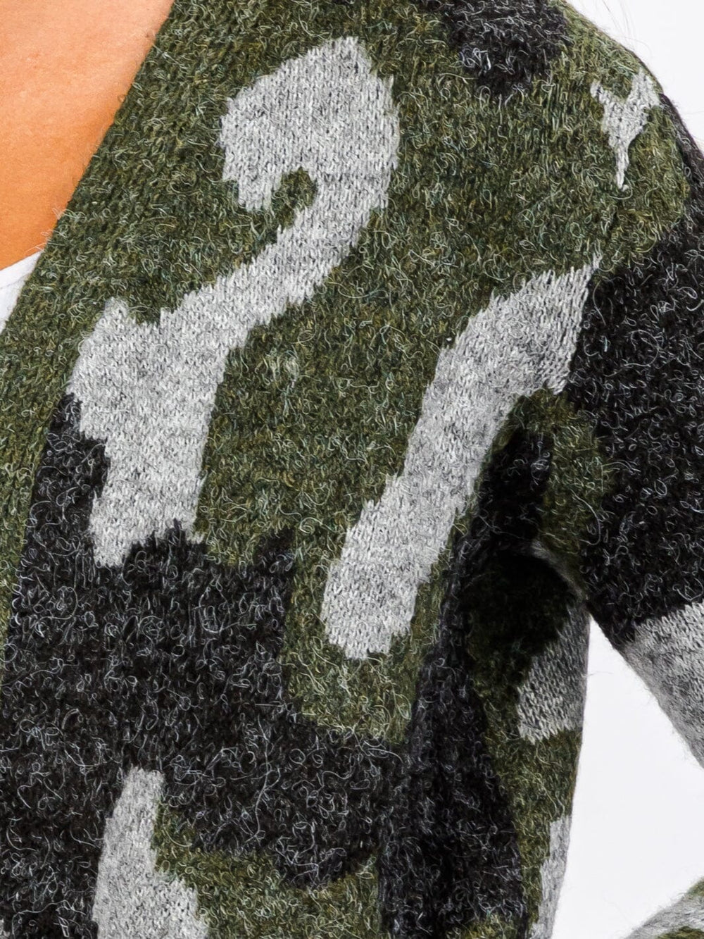 WOMEN'S LONG SLEEVE OPEN FRONT POCKETS CAMO PRINT CARDIGAN