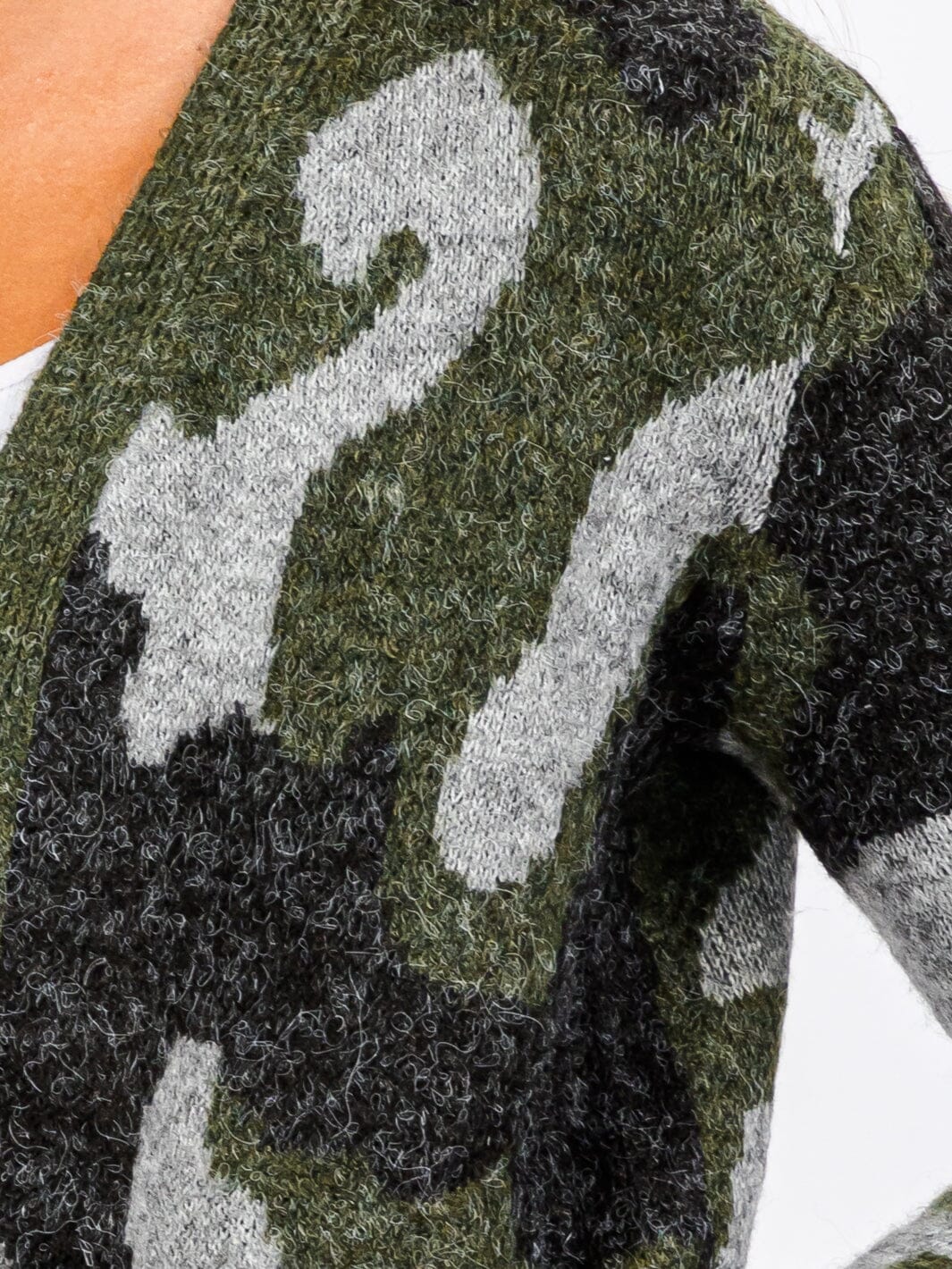 WOMEN'S LONG SLEEVE OPEN FRONT POCKETS CAMO PRINT CARDIGAN