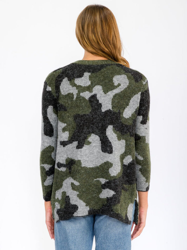 WOMEN'S LONG SLEEVE OPEN FRONT POCKETS CAMO PRINT CARDIGAN