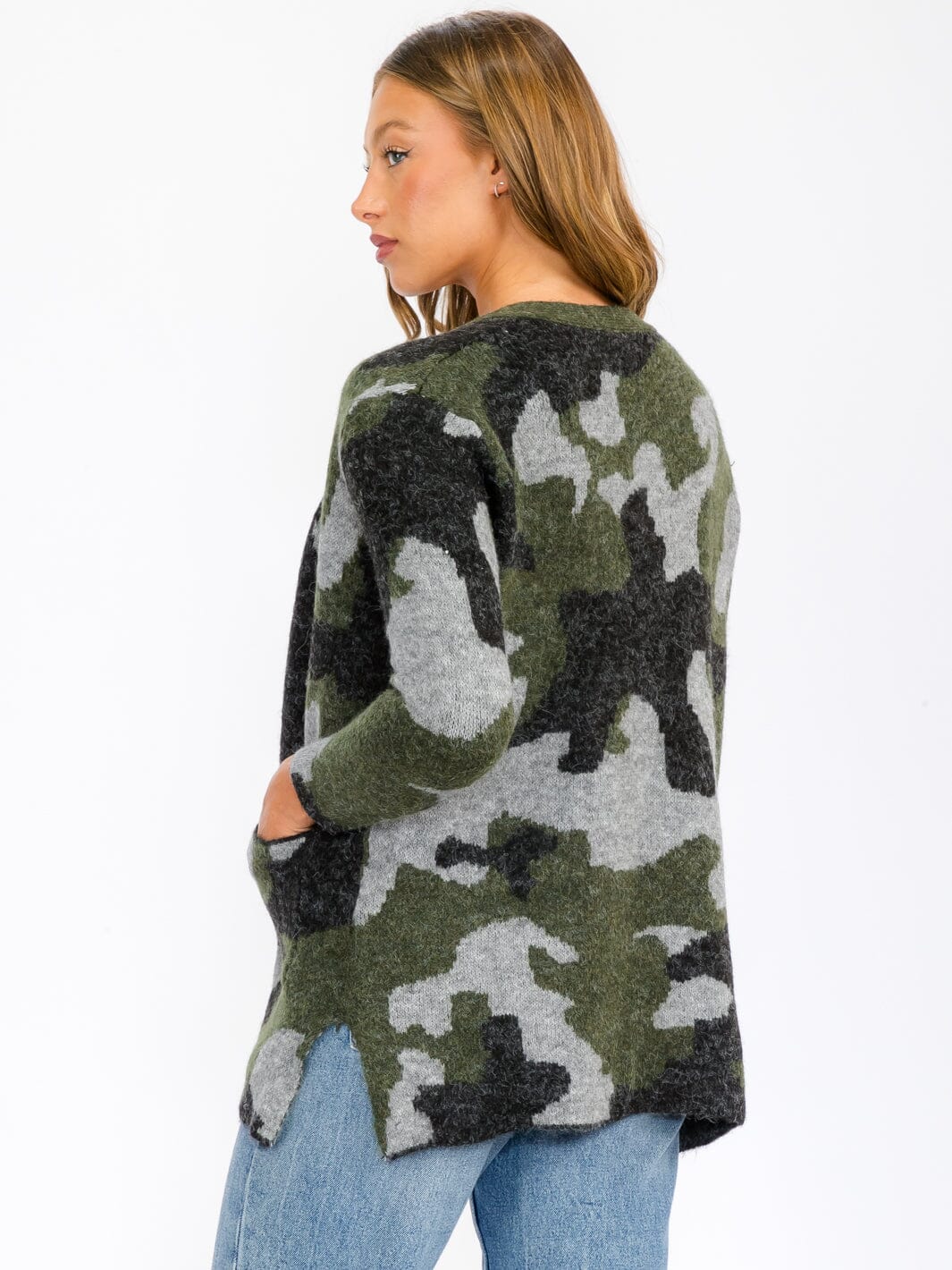 WOMEN'S LONG SLEEVE OPEN FRONT POCKETS CAMO PRINT CARDIGAN