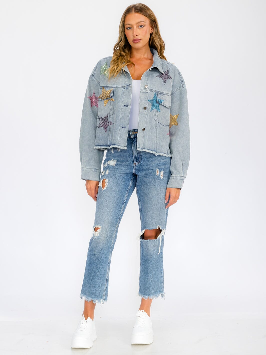 WOMEN'S LONG SLEEVE BUTTON UP POCKETS STUDS PRINT DENIM JACKET