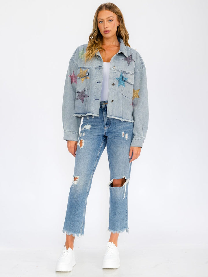 WOMEN'S LONG SLEEVE BUTTON UP POCKETS STUDS PRINT DENIM JACKET