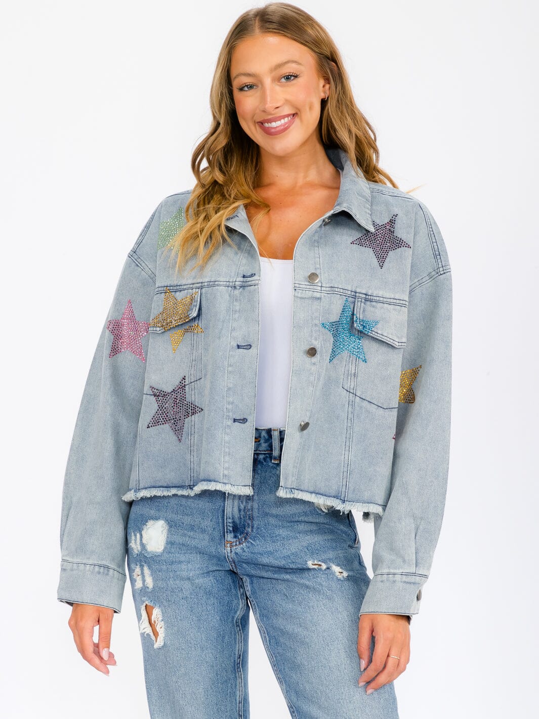 WOMEN'S LONG SLEEVE BUTTON UP POCKETS STUDS PRINT DENIM JACKET