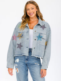 WOMEN'S LONG SLEEVE BUTTON UP POCKETS STUDS PRINT DENIM JACKET