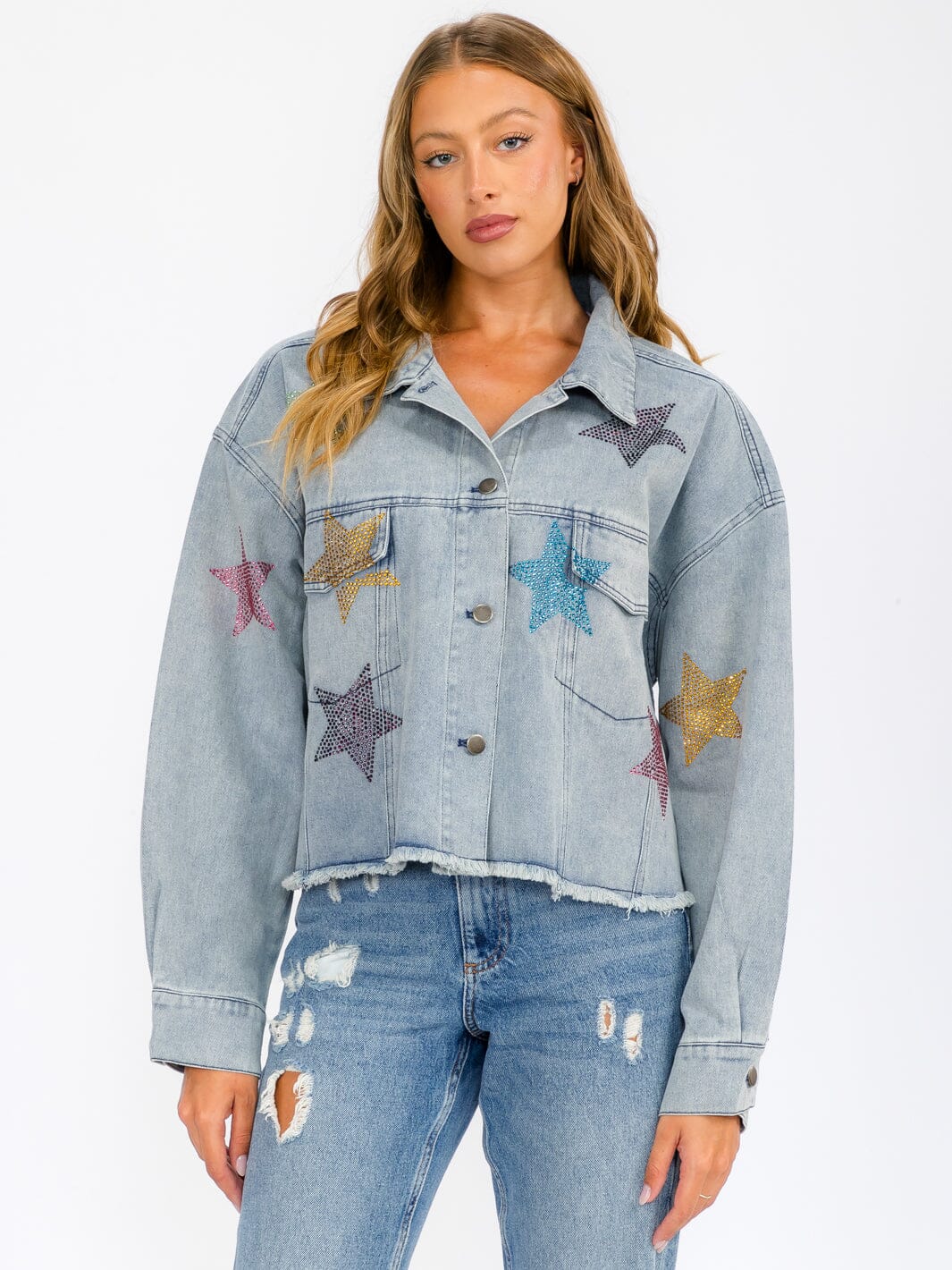 WOMEN'S LONG SLEEVE BUTTON UP POCKETS STUDS PRINT DENIM JACKET