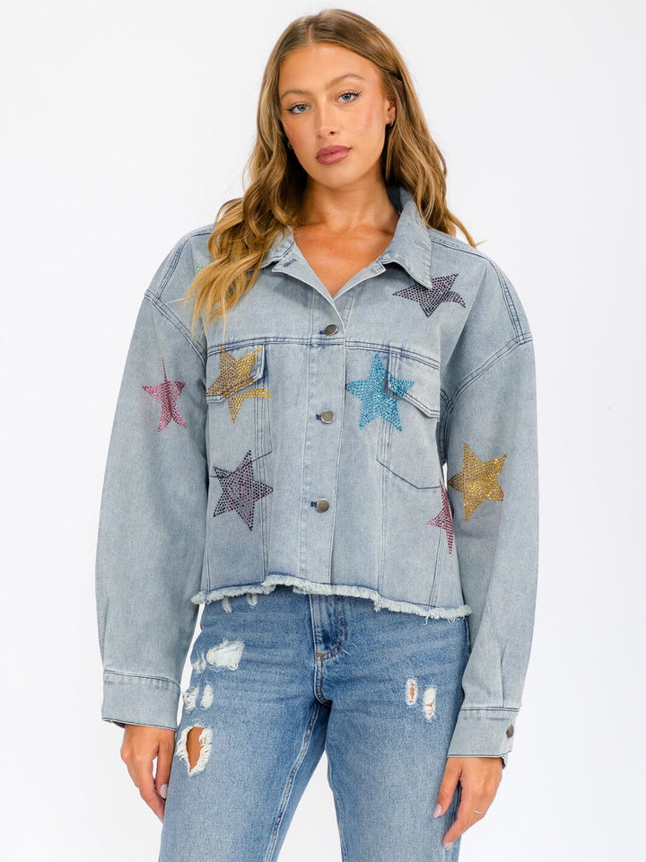 WOMEN'S LONG SLEEVE BUTTON UP POCKETS STUDS PRINT DENIM JACKET