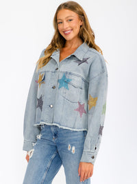 WOMEN'S LONG SLEEVE BUTTON UP POCKETS STUDS PRINT DENIM JACKET