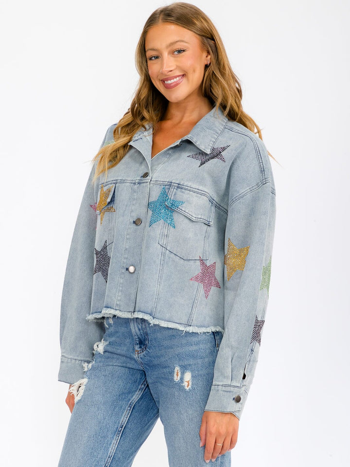 WOMEN'S LONG SLEEVE BUTTON UP POCKETS STUDS PRINT DENIM JACKET