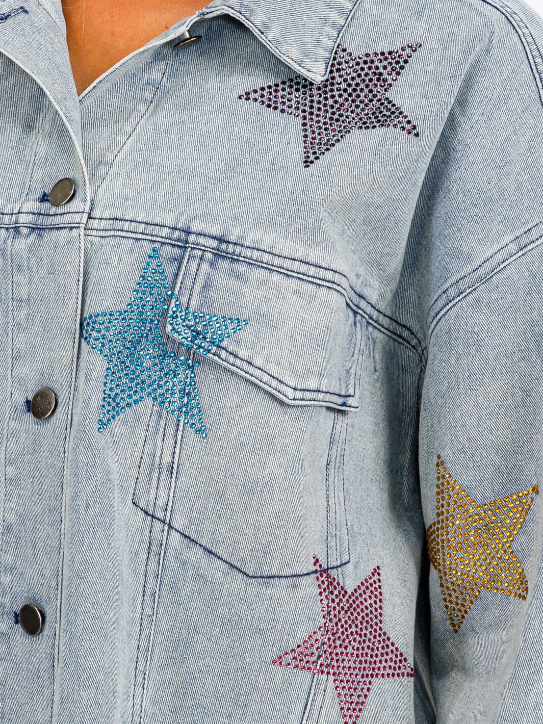 WOMEN'S LONG SLEEVE BUTTON UP POCKETS STUDS PRINT DENIM JACKET