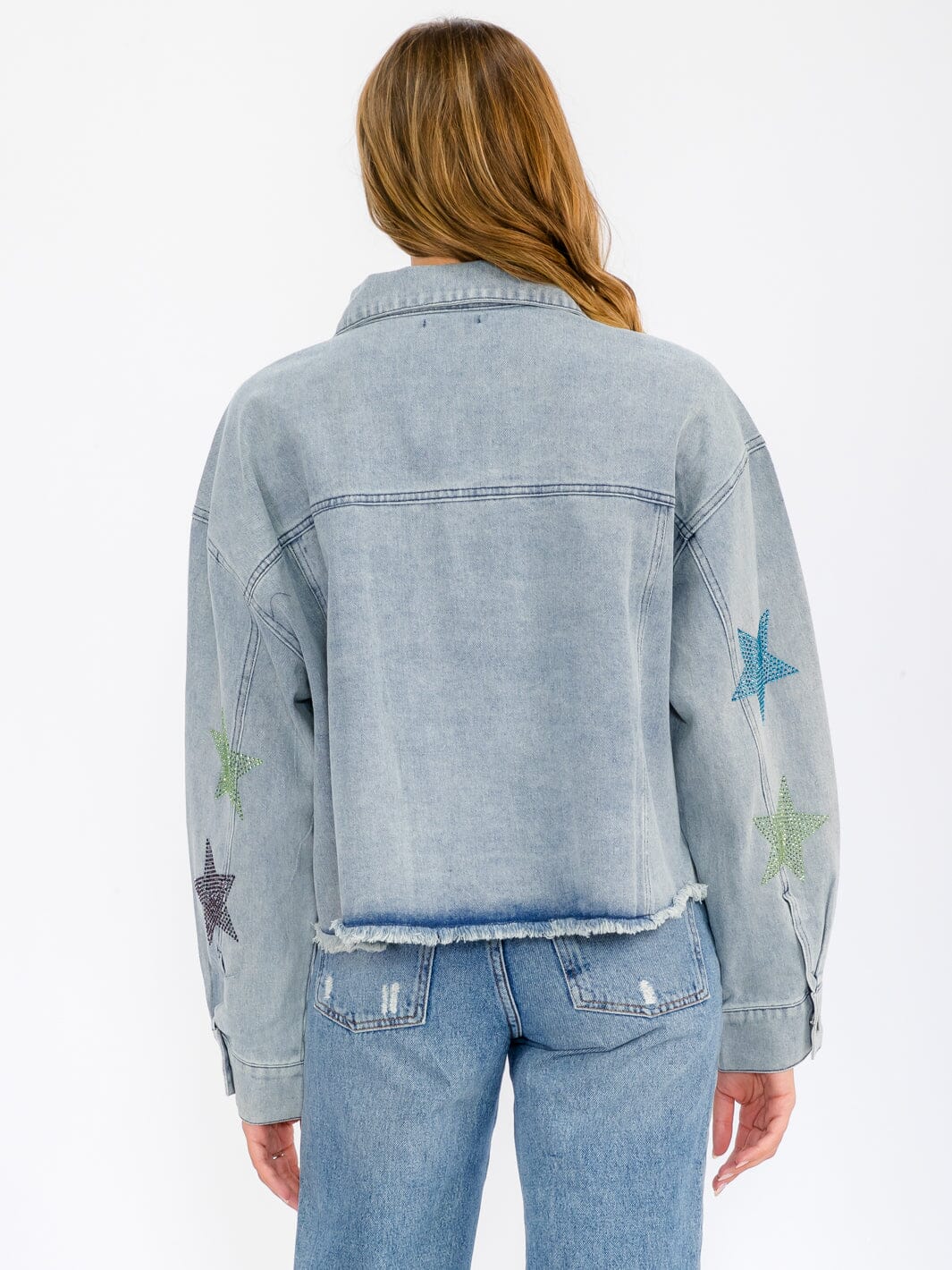 WOMEN'S LONG SLEEVE BUTTON UP POCKETS STUDS PRINT DENIM JACKET