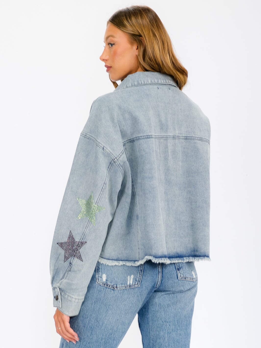 WOMEN'S LONG SLEEVE BUTTON UP POCKETS STUDS PRINT DENIM JACKET