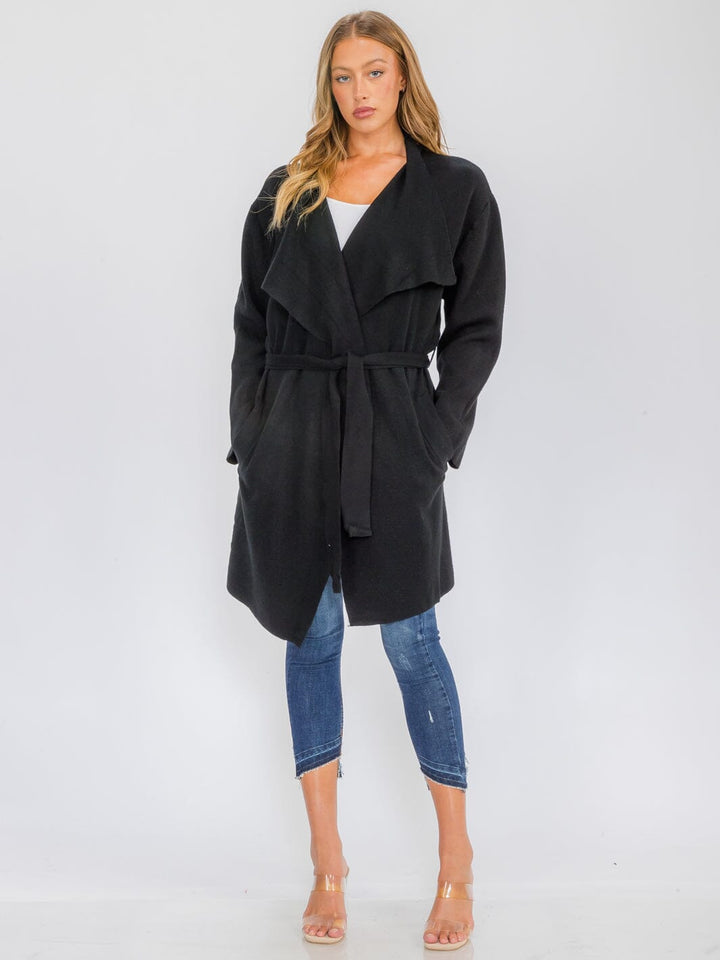 WOMEN'S LONG SLEEVE OPEN FRONT POCKETS SELF TIE COAT