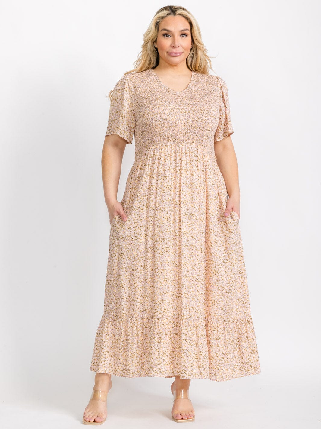 PLUS SIZE SHORT SLEEVES V-NECK SMOCK FRONT POCKETS FLORAL MAXI DRESS
