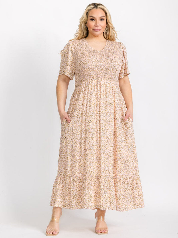 PLUS SIZE SHORT SLEEVES V-NECK SMOCK FRONT POCKETS FLORAL MAXI DRESS