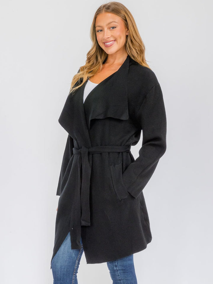 WOMEN'S LONG SLEEVE OPEN FRONT POCKETS SELF TIE COAT