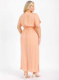 PLUS SIZE SHORT SLEEVE V-NECK SELF TIE SIDE SLIT MAXI DRESS