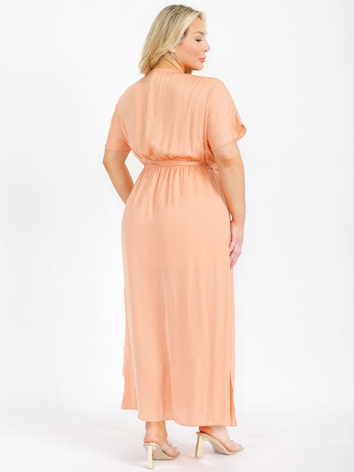 PLUS SIZE SHORT SLEEVE V-NECK SELF TIE SIDE SLIT MAXI DRESS