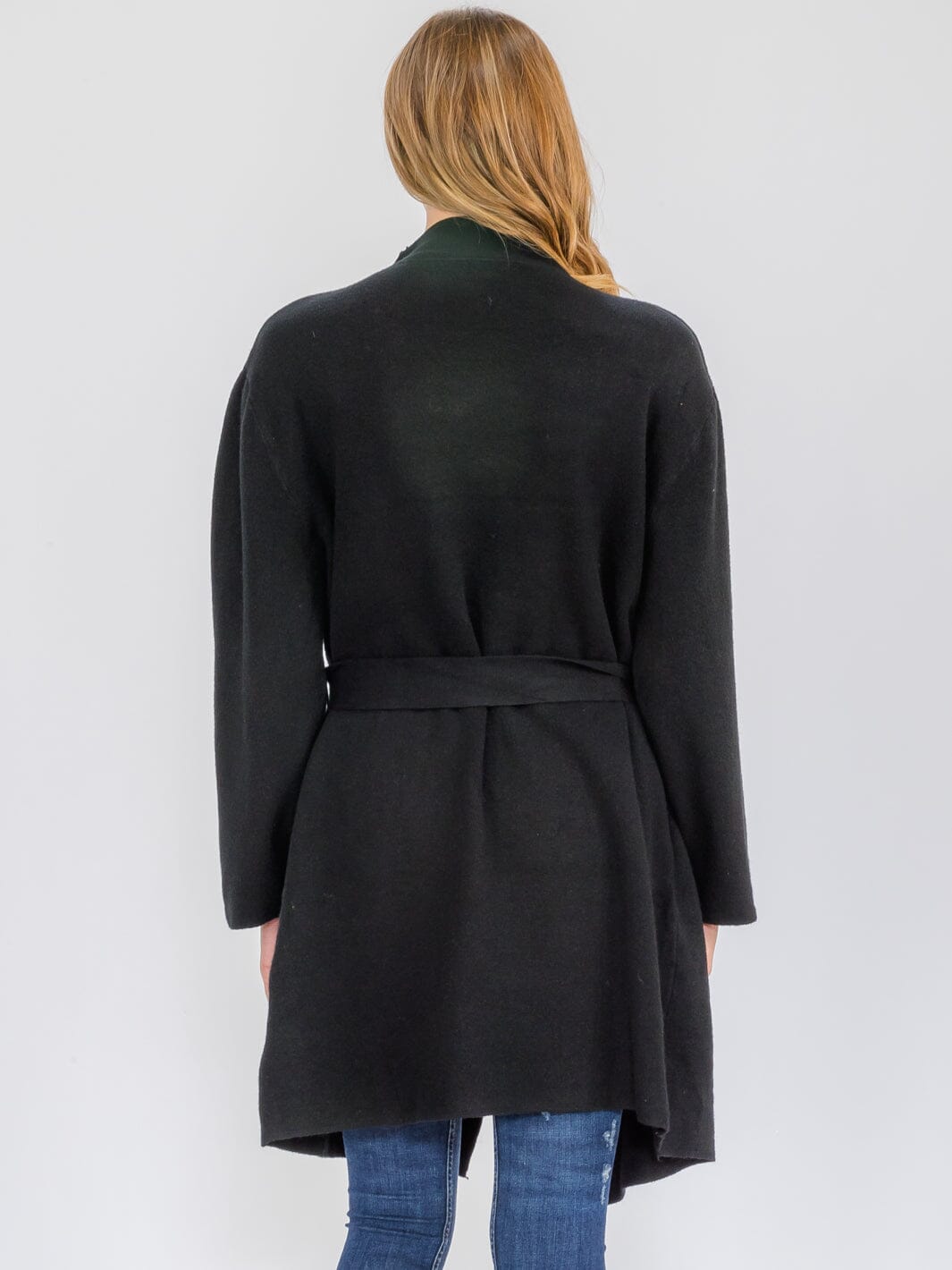 WOMEN'S LONG SLEEVE OPEN FRONT POCKETS SELF TIE COAT