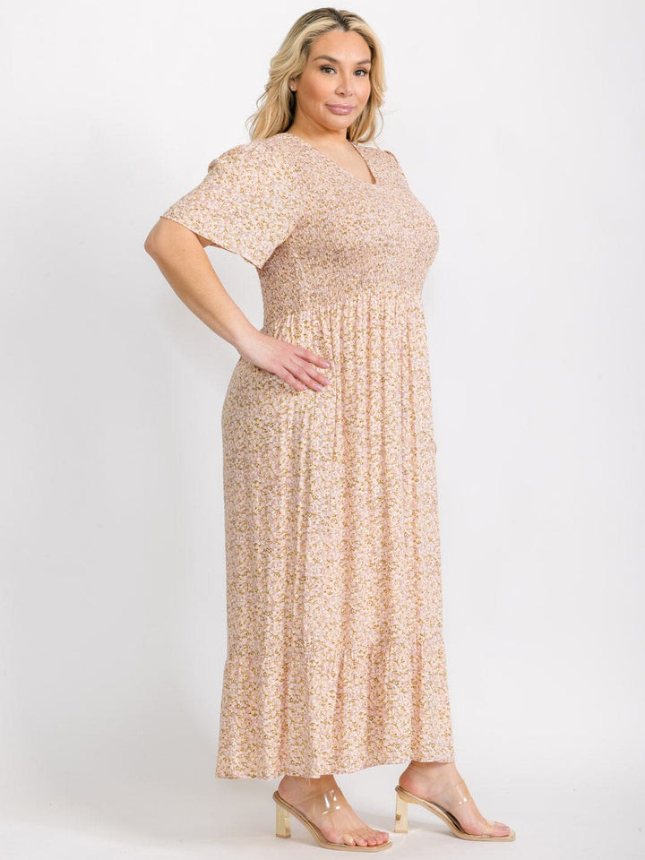 PLUS SIZE SHORT SLEEVES V-NECK SMOCK FRONT POCKETS FLORAL MAXI DRESS