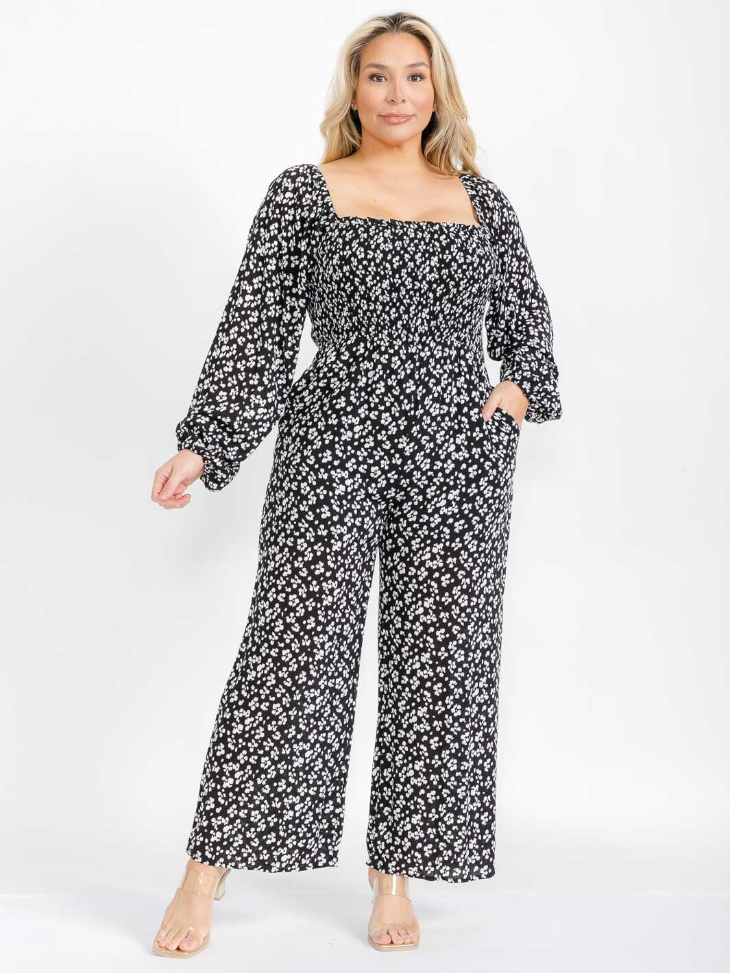 PLUS SIZE LONG SLEEVE SQUARE NECK SMOCK ANIMAL PRINT JUMPSUIT