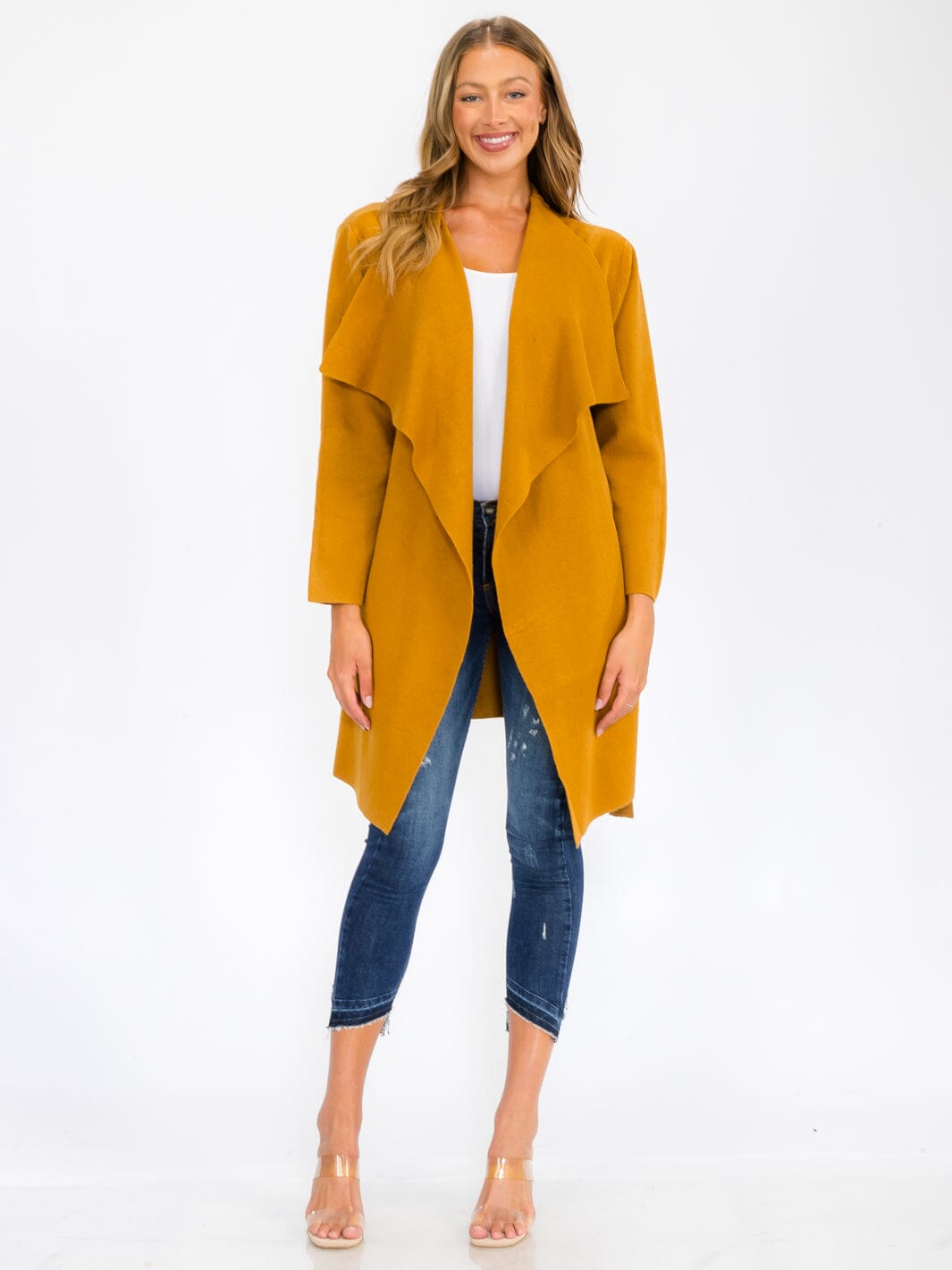 WOMEN'S LONG SLEEVE OPEN FRONT POCKETS SELF TIE COAT