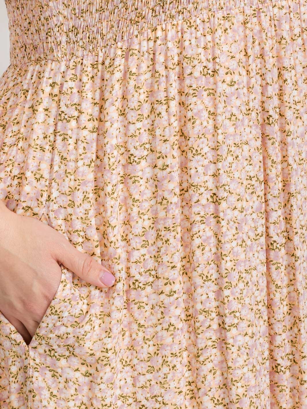PLUS SIZE SHORT SLEEVES V-NECK SMOCK FRONT POCKETS FLORAL MAXI DRESS