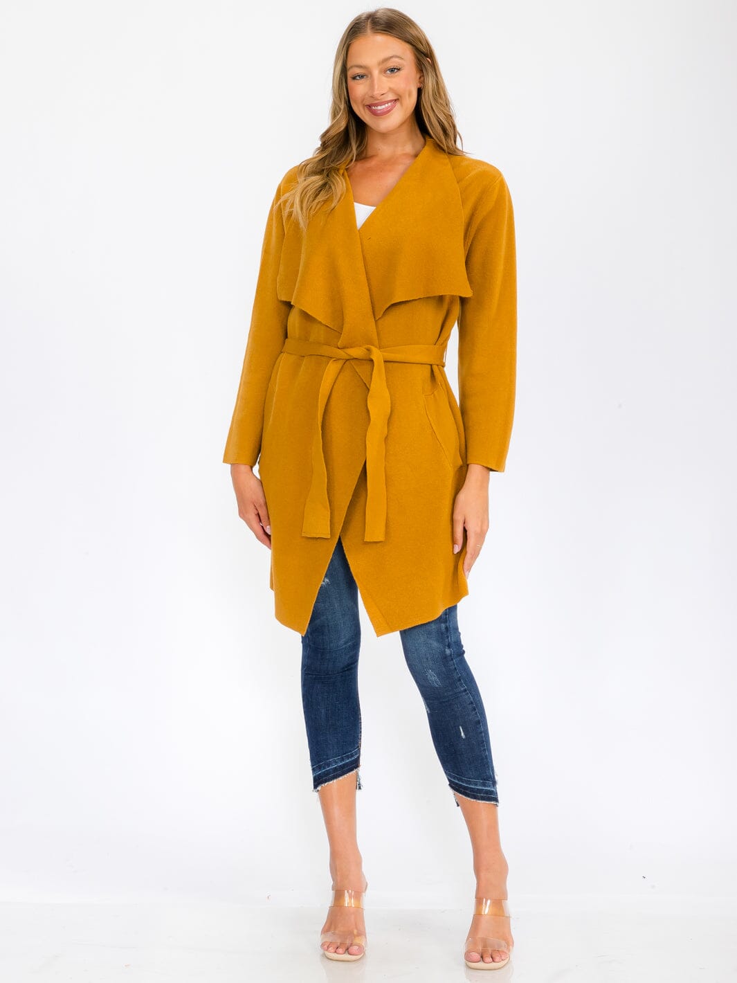 WOMEN'S LONG SLEEVE OPEN FRONT POCKETS SELF TIE COAT
