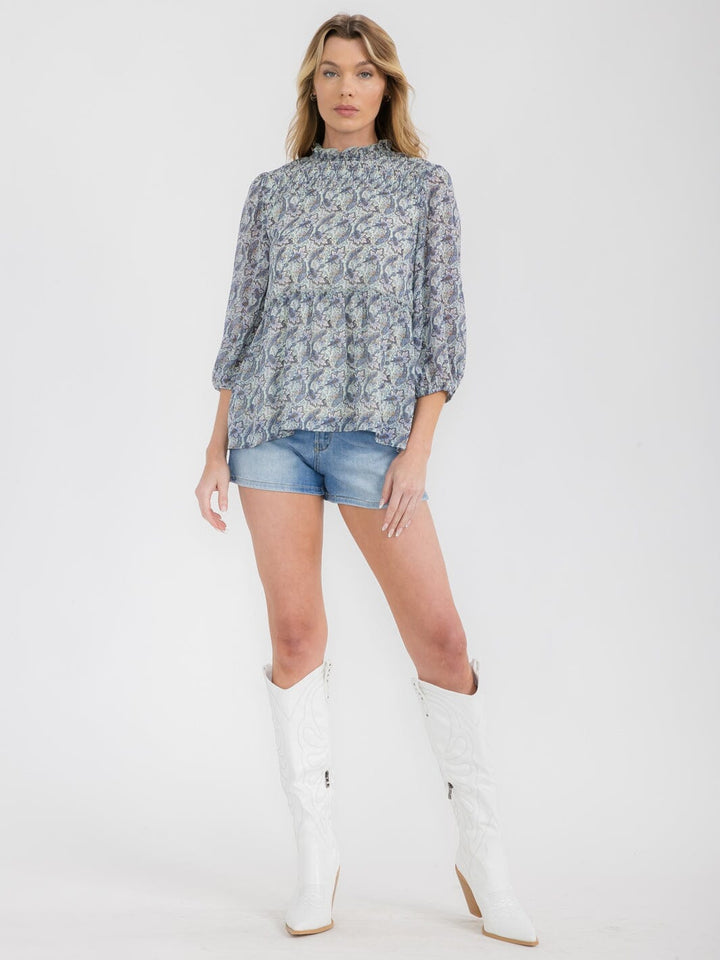 WOMEN'S 3/4 SLEEVES MOCK NECK FLORAL TUNIC TOP