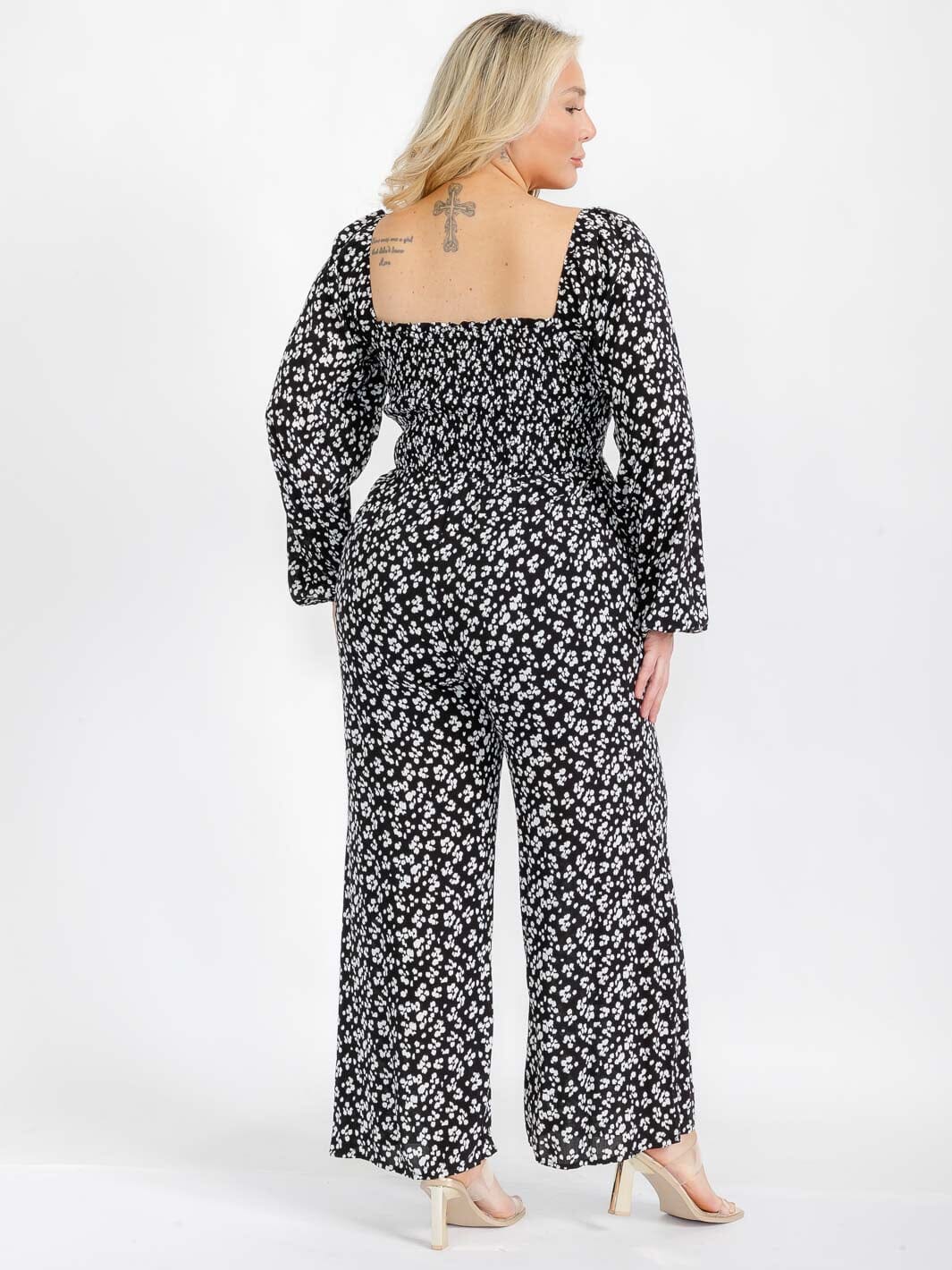 PLUS SIZE LONG SLEEVE SQUARE NECK SMOCK ANIMAL PRINT JUMPSUIT